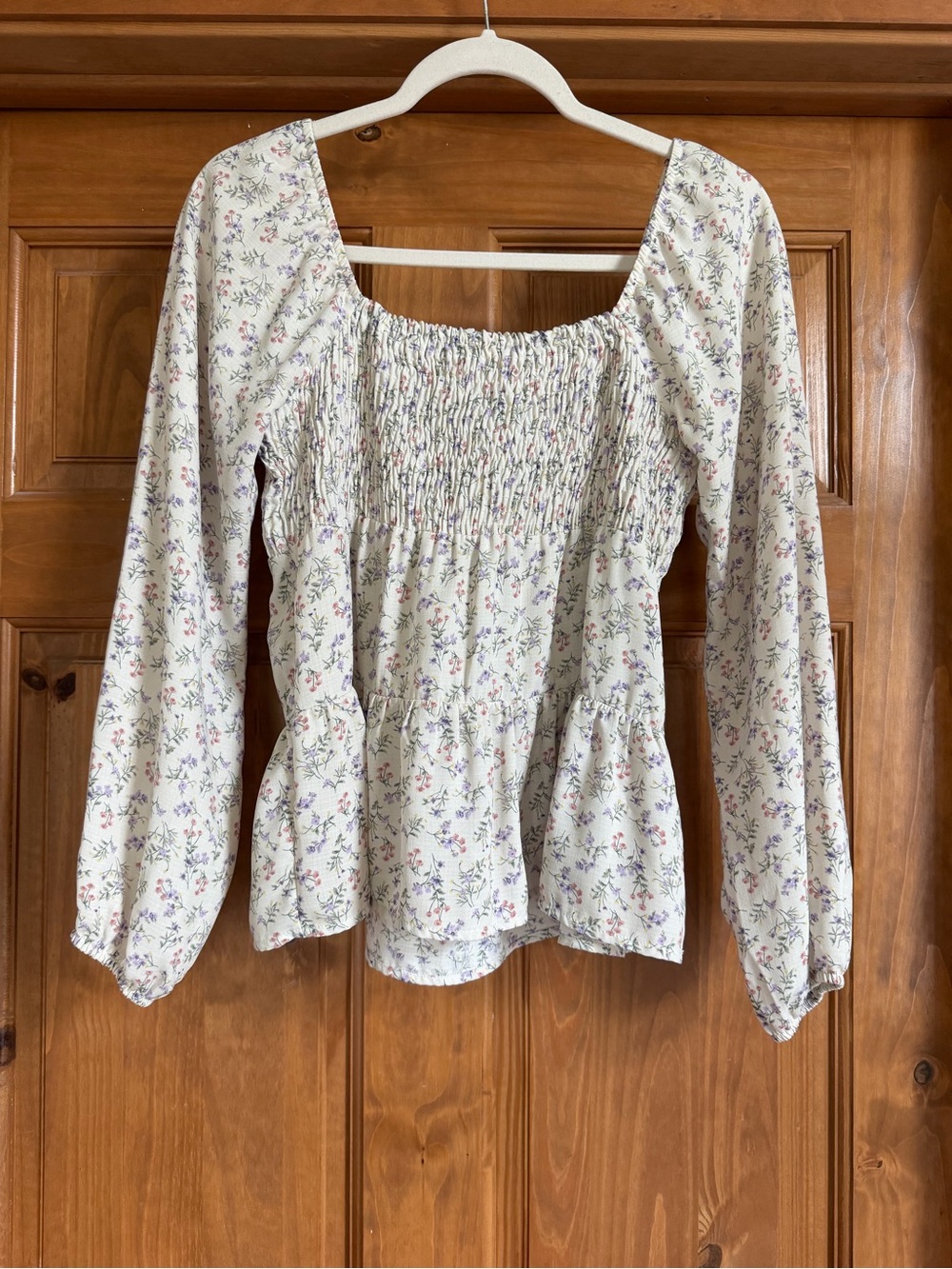 Paper Crane Cream Floral Smocked Square-Neck Peplum Blouse
